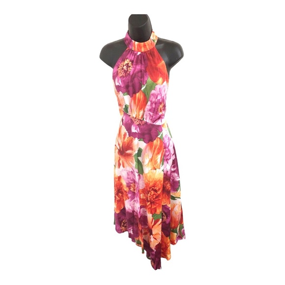 Maggy London pink tropical floral print asymmetrical flowy halter dress size 6 - Picture 15 of 16
